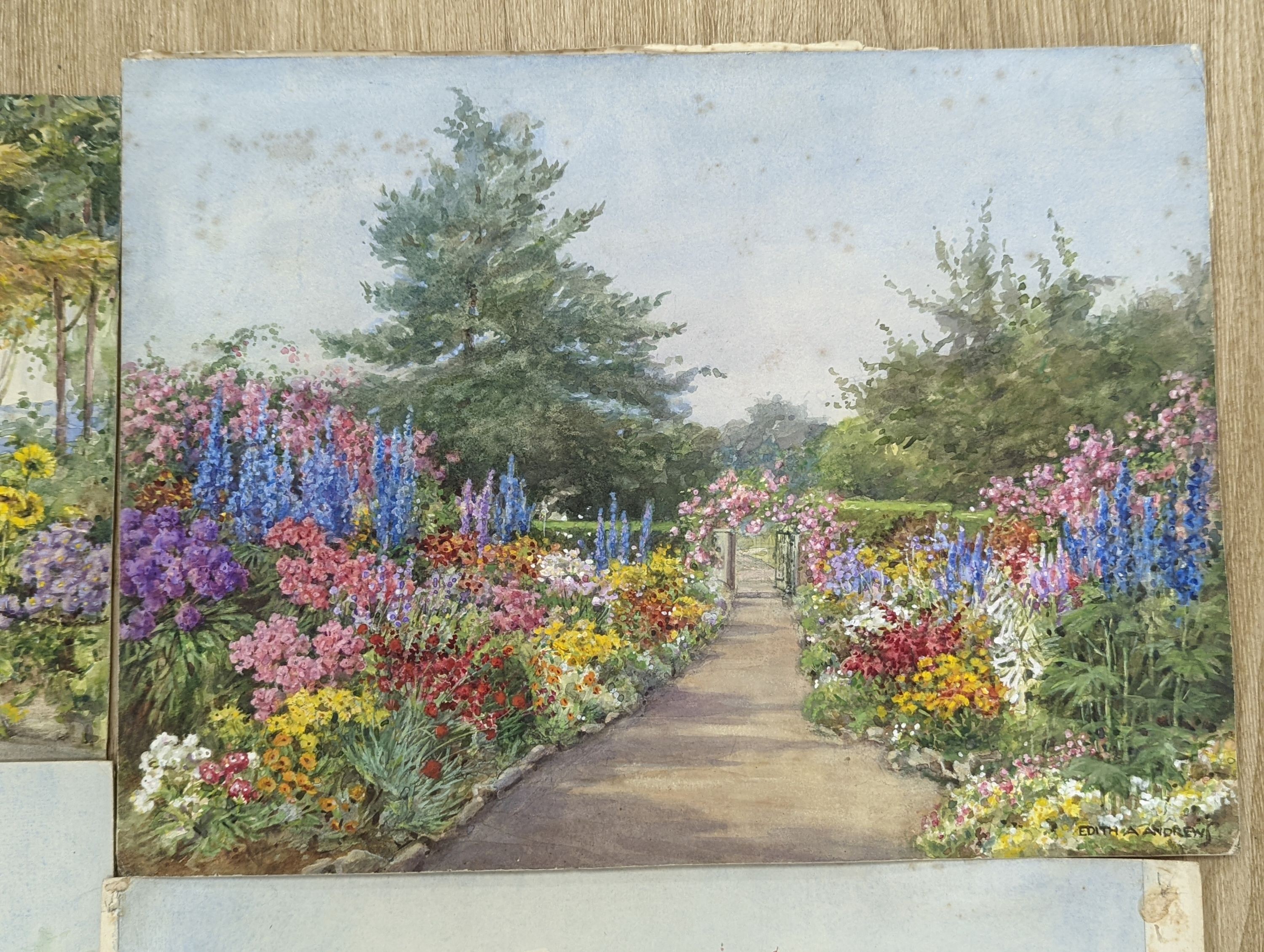 Edith Alice Andrews (1900-1940), four watercolours; Late Summer, cottages and blossom, In A Sussex Garden & herbaceous borders, signed, largest 29 x 39cm.